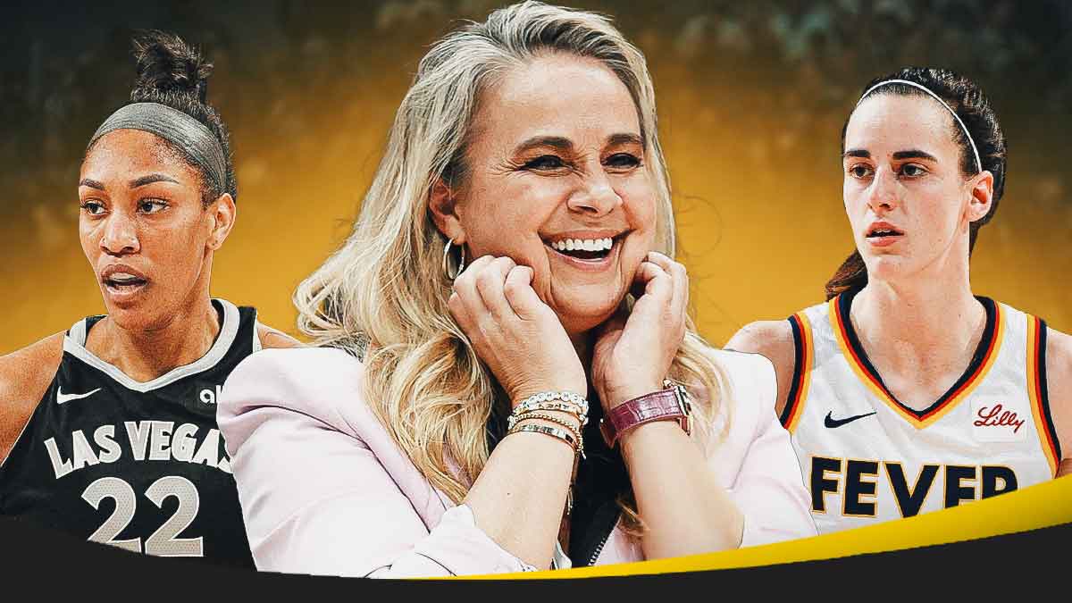 Aces coach Becky Hammon looking at A/ja Wilson and then Caitlin Clark on other side.