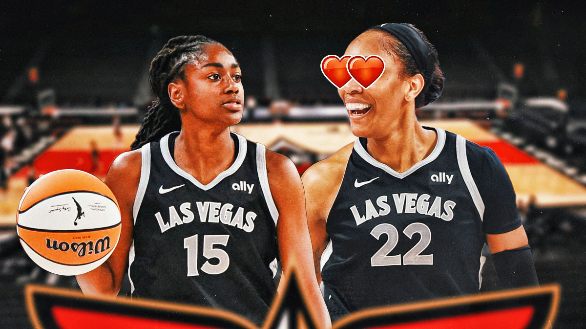 Las Vegas Aces forward A'ja Wilson with heart eyes while she's looking at Ace guard Tiffany Hayes.