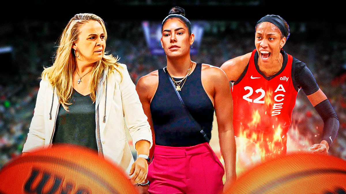 Aces Coach Becky Hammon looking concerned, Kelsey Plum in plain clothes, A’ja Wilson on fire