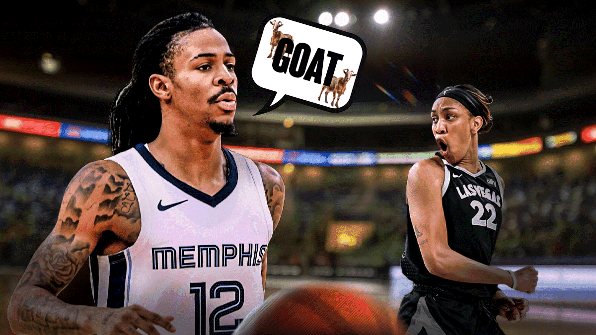 Ja Morant with a speech bubble containing the "goat" emoji beside A'ja Wilson