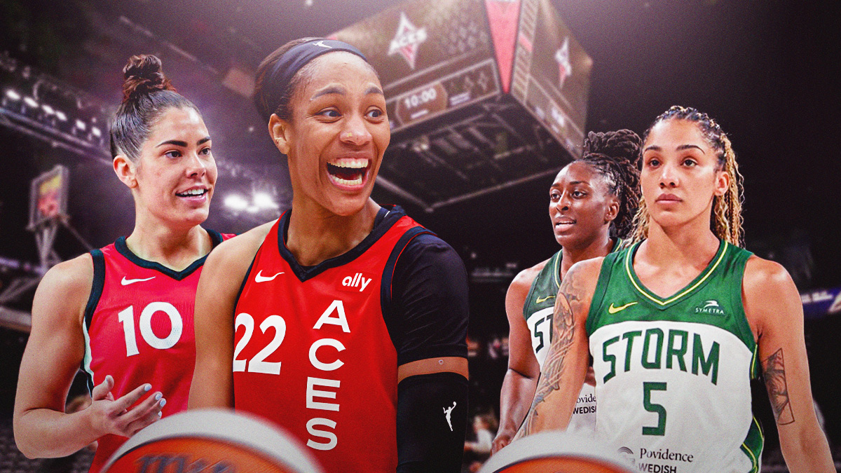Aces' A'ja Wilson and Kelsey Plum laughing at Storm's Gabby Williams and Nneka Ogwumike
