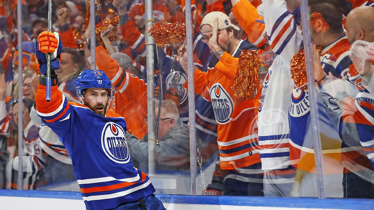 Edmonton Oilers forward Adam Henrique (19) celebrates after scoring a goal during the first period against the Los Angeles Kings in game one of the first round of the 2024 Stanley Cup Playoffs at Rogers Place.