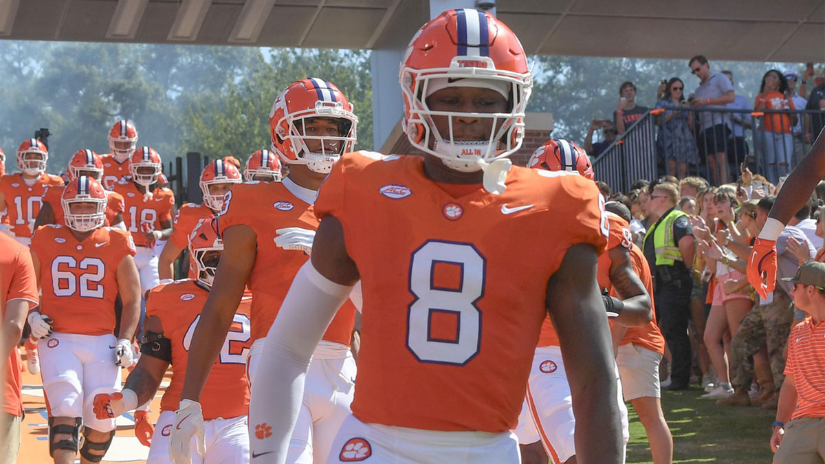 Clemson wide receiver Adam Randall (8) runs down the hill before a game against the North Carolina State Wolfpack at Memorial Stadium.