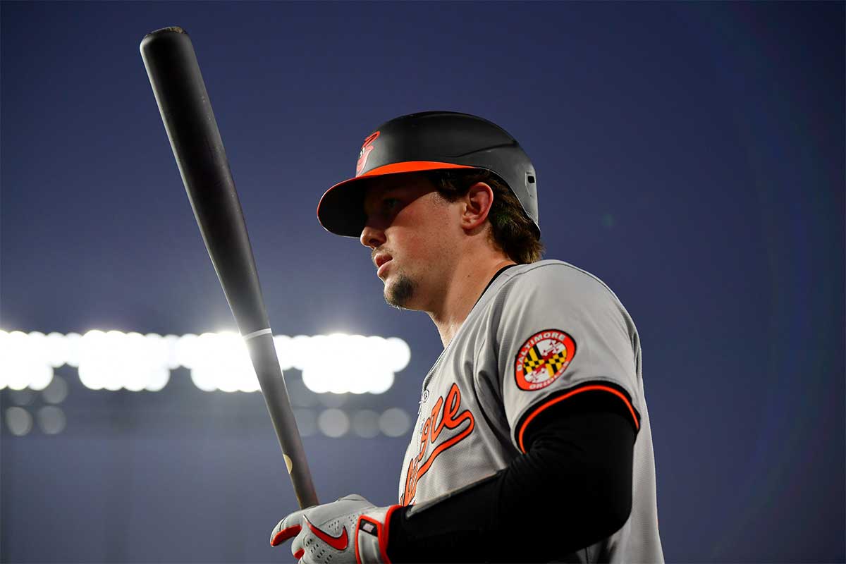 Baltimore Orioles catcher Adley Rutschman (35) on deck before hitting against the Los Angeles Dodgers during the third inning at Dodger Stadium.