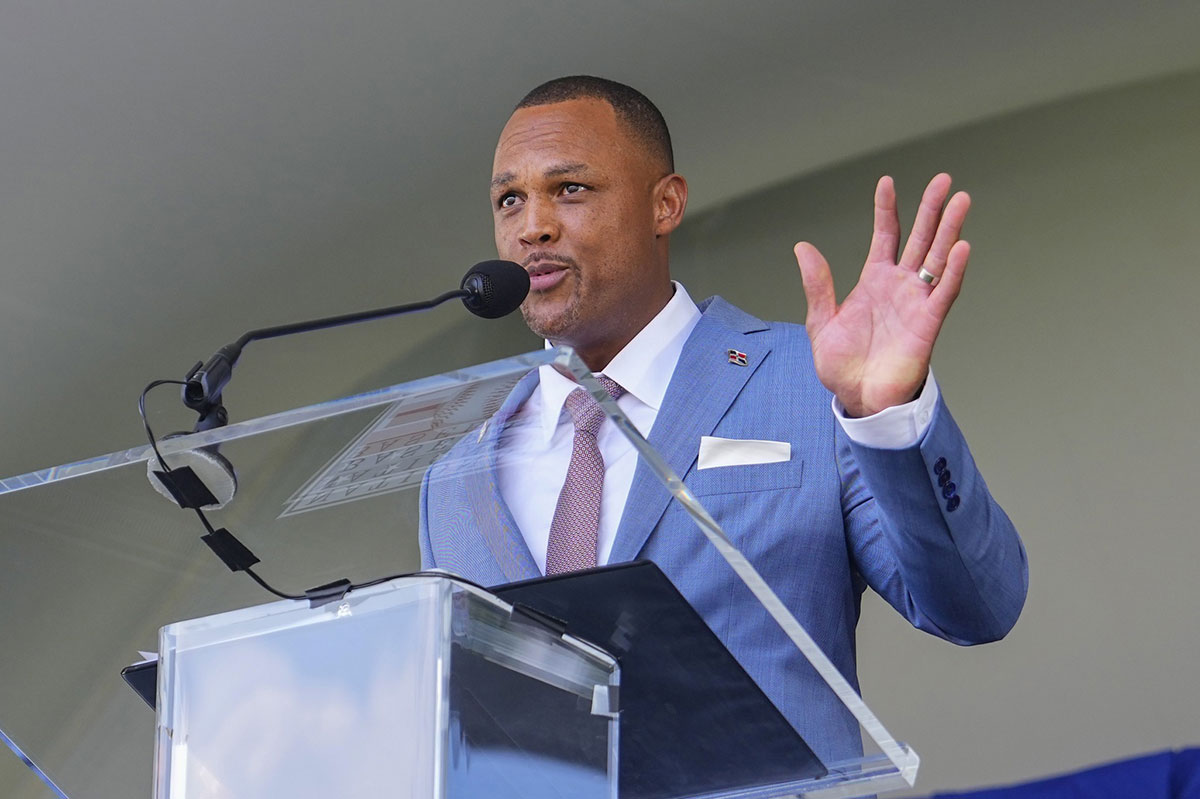 Hall of Fame Inductee Adrian Beltre makes his Baseball Hall of Fame acceptance speech during the National Baseball Hall of Fame Induction Ceremony in Cooperstown, NY. 