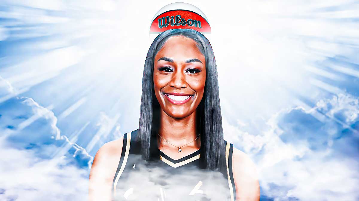 Aces' A'ja Wilson with heaven shining light background behind her, with a basketball above her head
