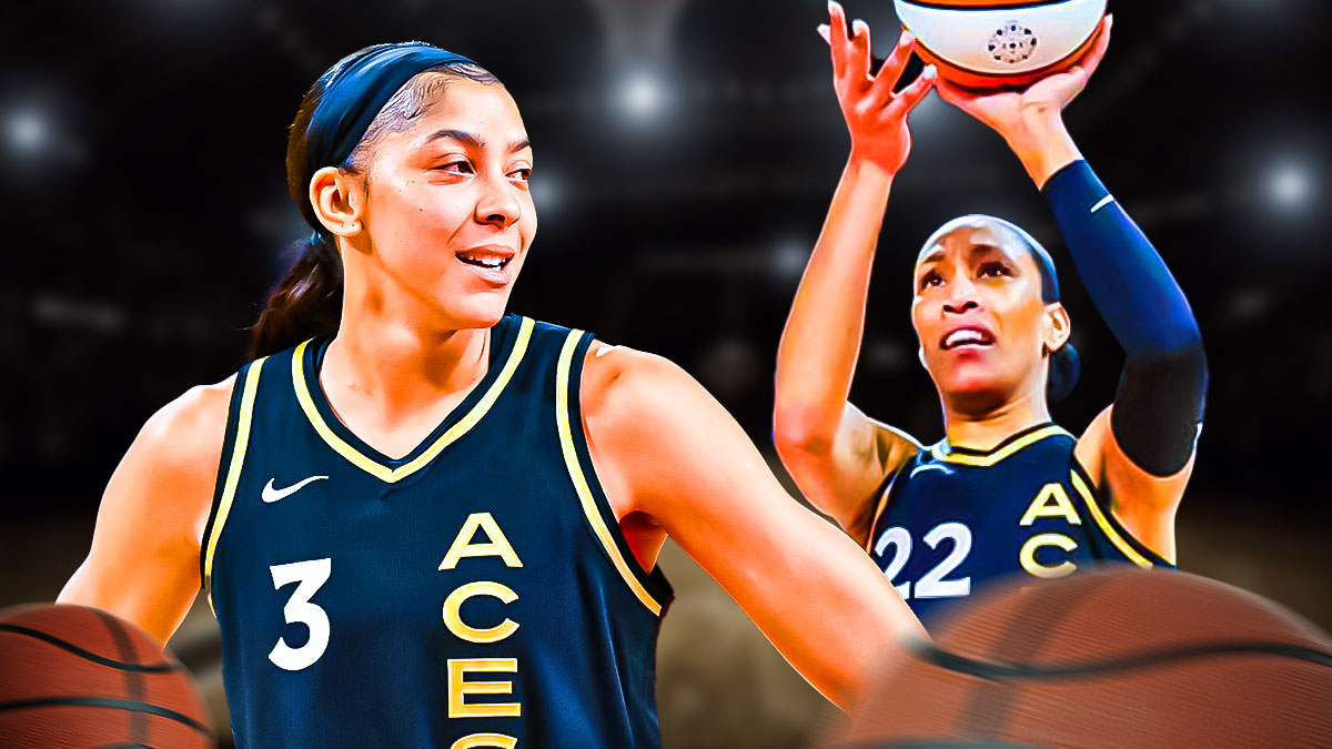Aces C A'ja Wilson shooting the basketball next to Candace Parker with an Aces logo behind them