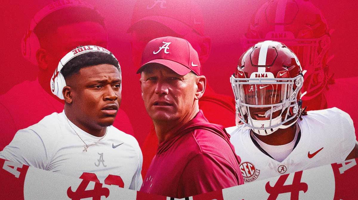 Photo: Kalen DeBoer in Alabama football gear, Jalen Milroe, Jam Miller behind him