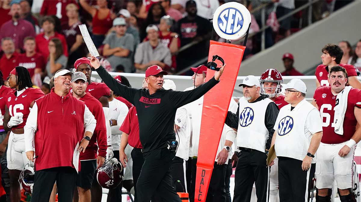 labama Crimson Tide head coach Kalen DeBoer asks for a pass interference call against the Georgia Bulldogs during the first half at Bryant-Denny Stadium.