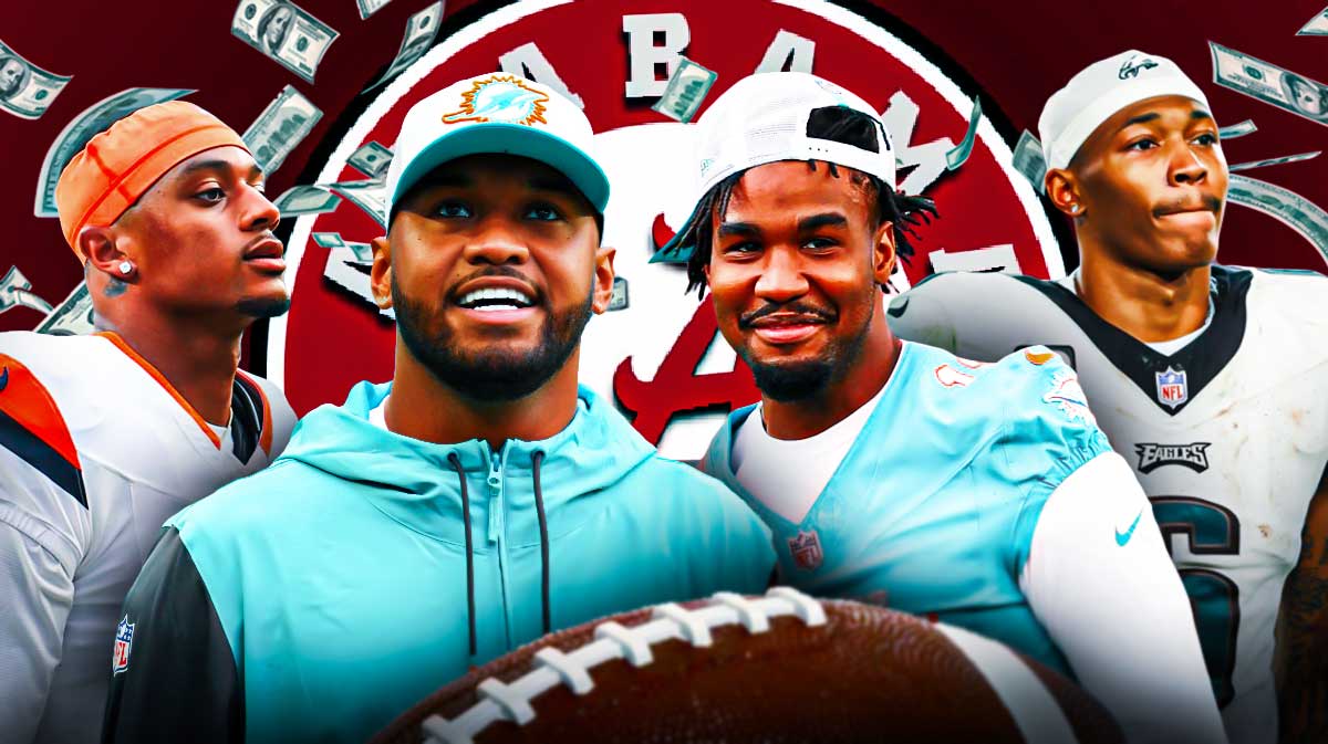 Patrick Surtain II, Tua Tagovailoa, Jaylen Waddle and DeVonta Smith in front of the Alabama football logo and money