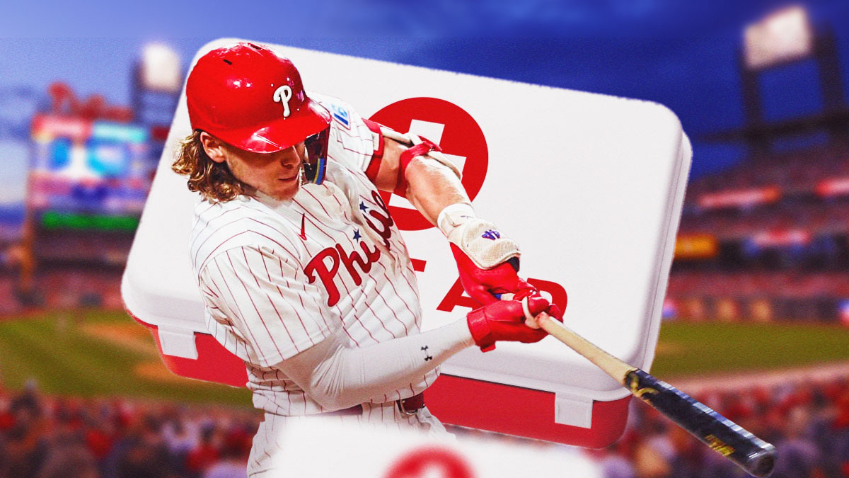 Alec Bohm (phillies) swinging the bat, first aid kit in background with Citizens Bank Park (Phillies)