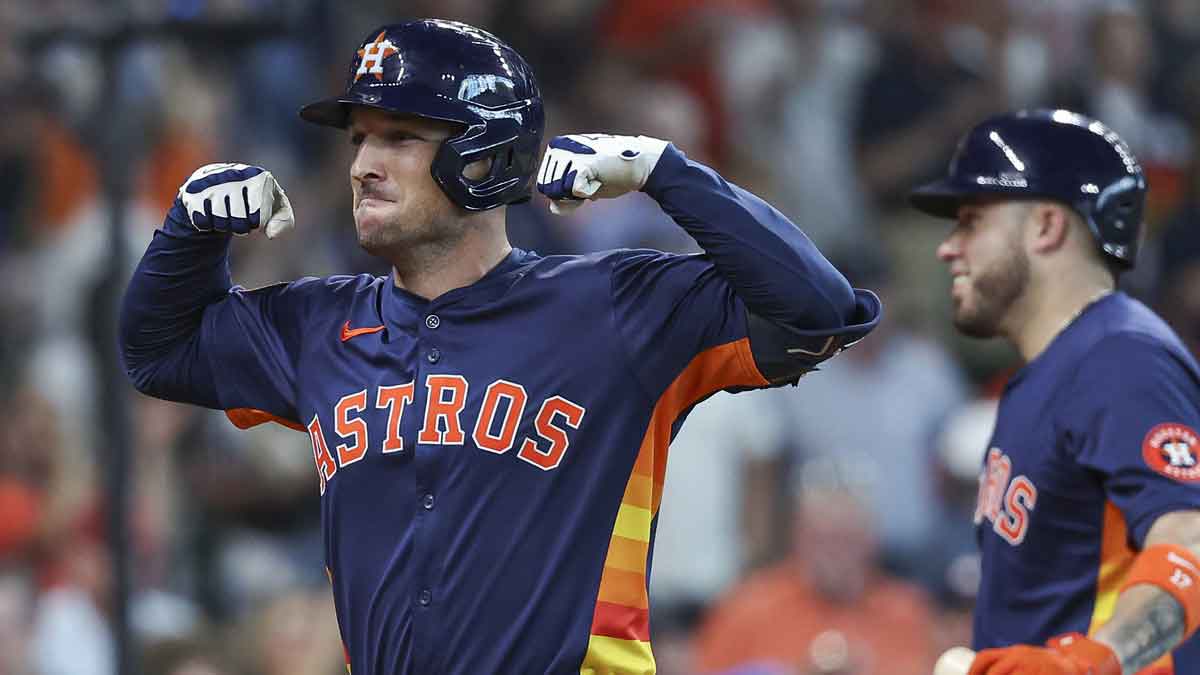 Houston Astros third baseman Alex Bregman (2) celebrates after hitting a home run during the fifth inning against the Los Angeles Angels at Minute Maid Park.