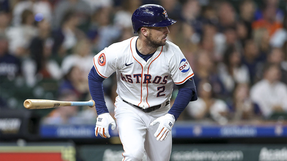 Houston Astros third baseman Alex Bregman (2) runs to first base on a single during the third inning against the Oakland Athletics at Minute Maid Park.