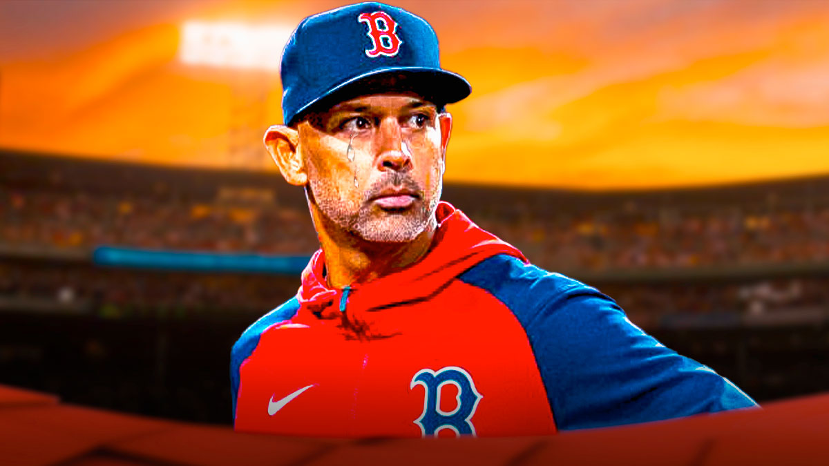 Manager Alex Cora in a Boston Red Sox uniform with a tear drop coming out of an eye as Cora and the Red Sox were eliminated from the playoffs.