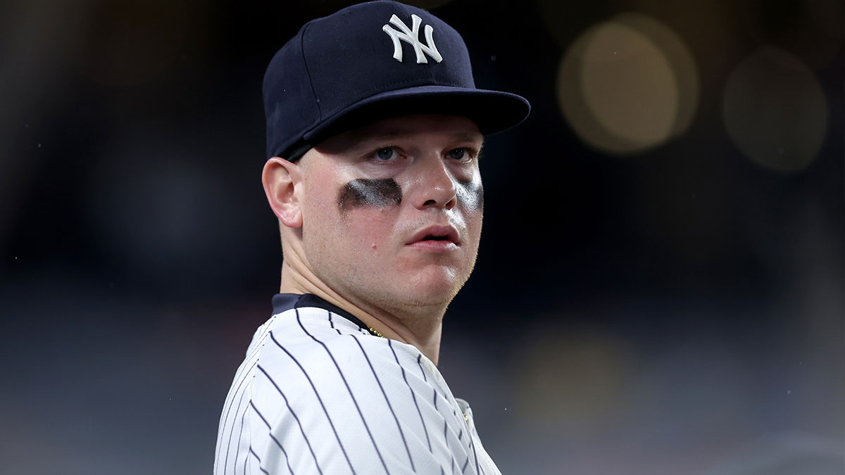 New York Yankees left fielder Alex Verdugo (24) watches from the dugout during the bottom of the sixth inning against the Los Angeles Angels at Yankee Stadium.