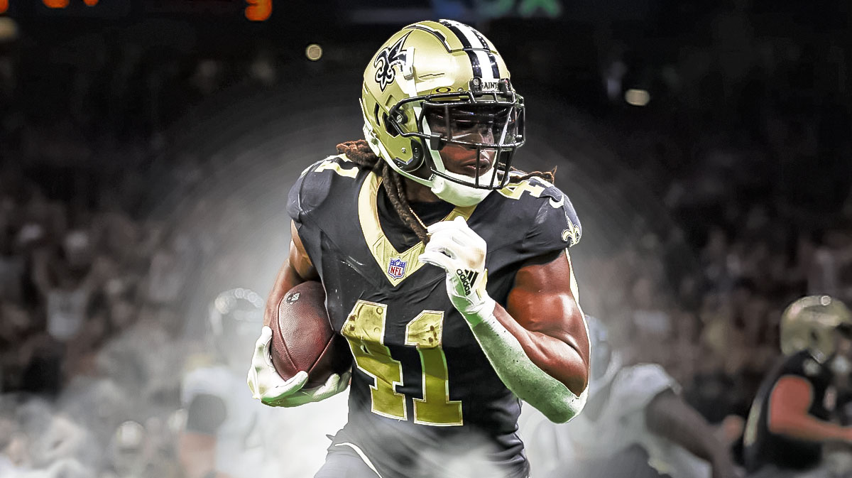 Alvin Kamara in a New Orleans Saints uniform carrying the ball in a rush as Kamara returned to practice after an injury sidelined him ahead of the week four matchup with the falcons.