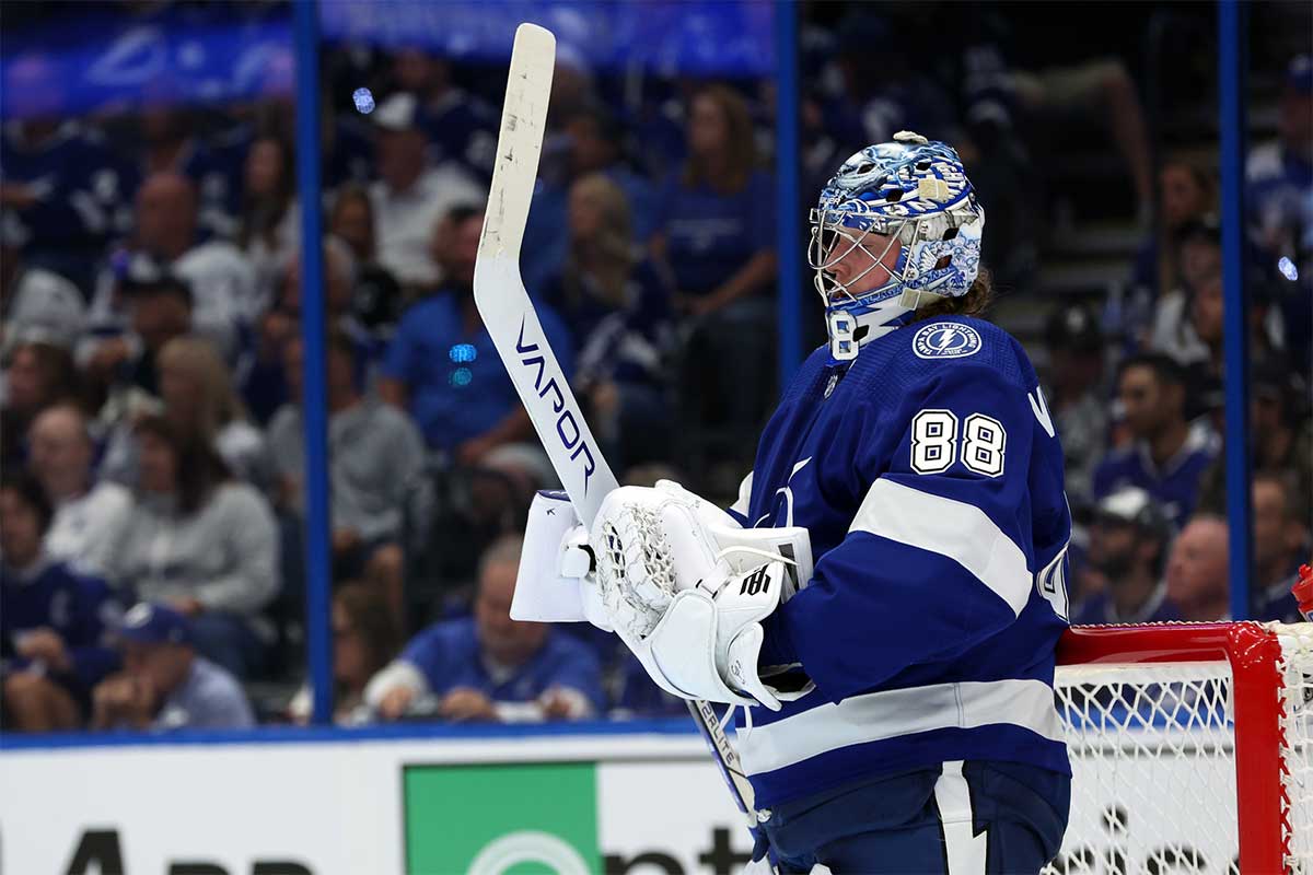 Tampa Bay Lightning goaltender Andrei Vasilevskiy (88) looks down after he gave up a goal against the Florida Panthers during the second period in game four of the first round of the 2024 Stanley Cup Playoffs at Amalie Arena.