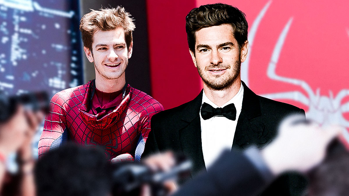 Andrew Garfield as Spider-Man next to the We Live in Time actor.