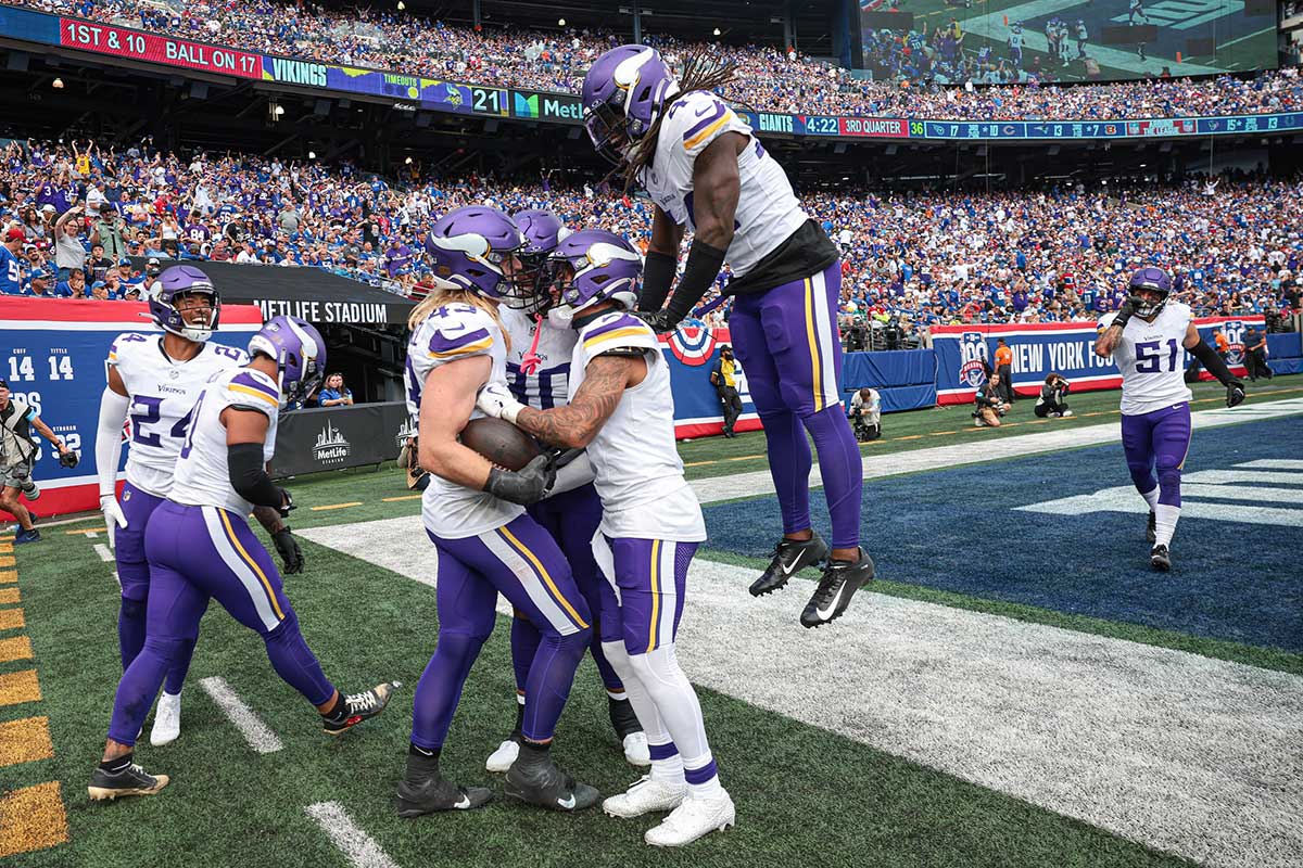 Minnesota Vikings linebacker Andrew Van Ginkel (43) celebrates his interception return for a touchdown against the New York Giants during the second half at MetLife Stadium.