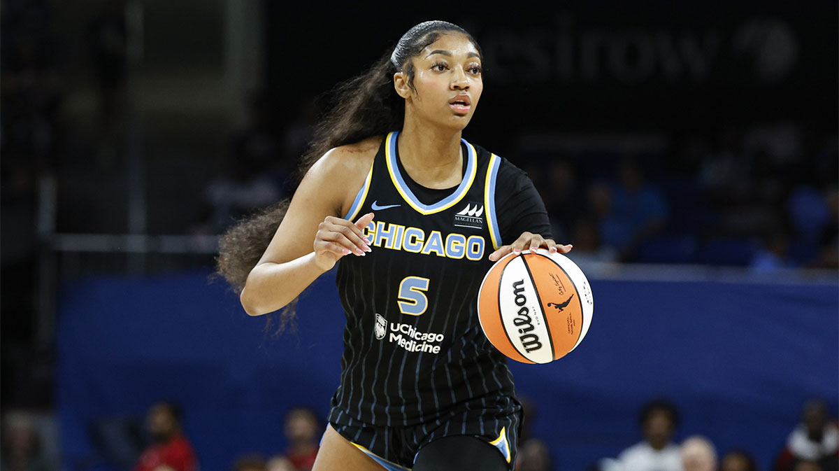 Chicago Sky forward Angel Reese (5) looks to pass the ball against the Las Vegas Aces during the first half at Wintrust Arena.