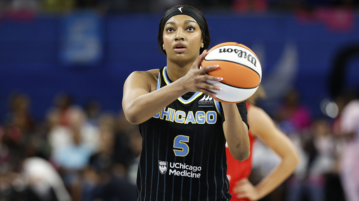 Chicago Sky forward Angel Reese (5) shoots a free throw against the Indiana Fever during the second half at Wintrust Arena.