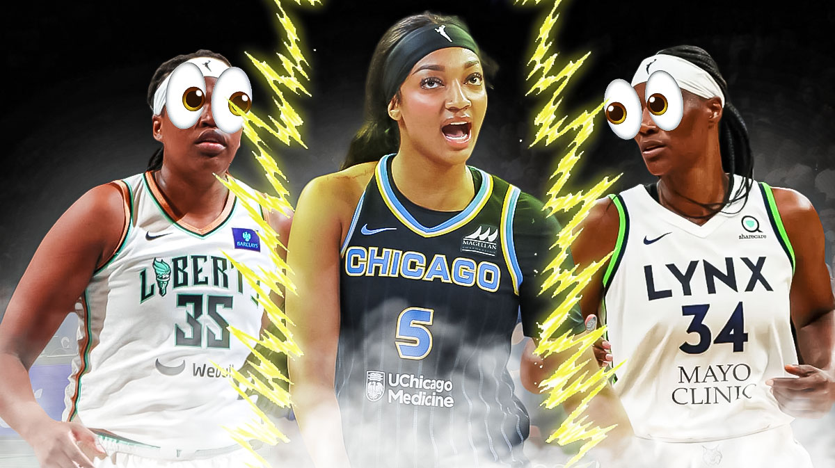 Sky star Angel Reese going Super Saiyan with Sylvia Fowles and Jonquel Jones in the background