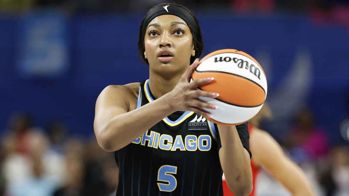Chicago Sky forward Angel Reese (5) shoots a free throw against the Indiana Fever during the second half at Wintrust Arena.