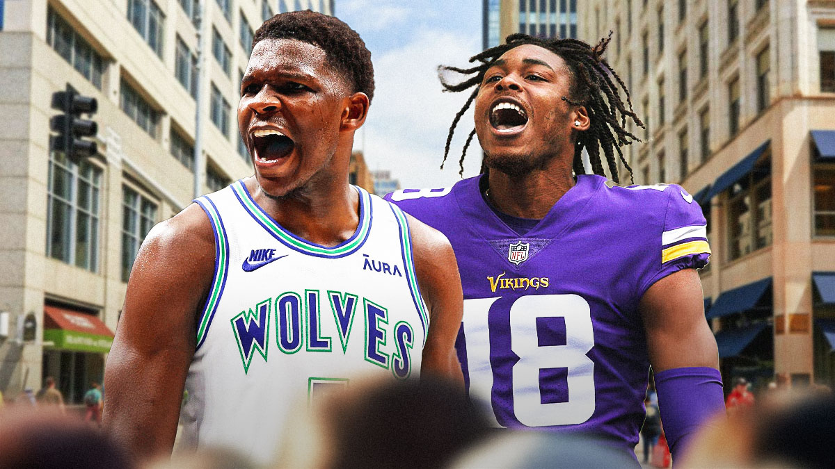 Minnesota Vikings wide receiver Justin Jefferson on left side, Minnesota Timberwolves guard Anthony Edwards on right side, downtown Minneapolis in the background