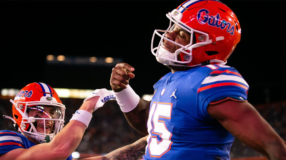 Florida Gators quarterback Anthony Richardson (15) celebrates with Florida Gators wide receiver Ricky Pearsall (1) after diving into the end zone for a touchdown in the second half against LSU at Steve Spurrier Field at Ben Hill Griffin Stadium in Gainesville, FL on Saturday, October 15, 2022.