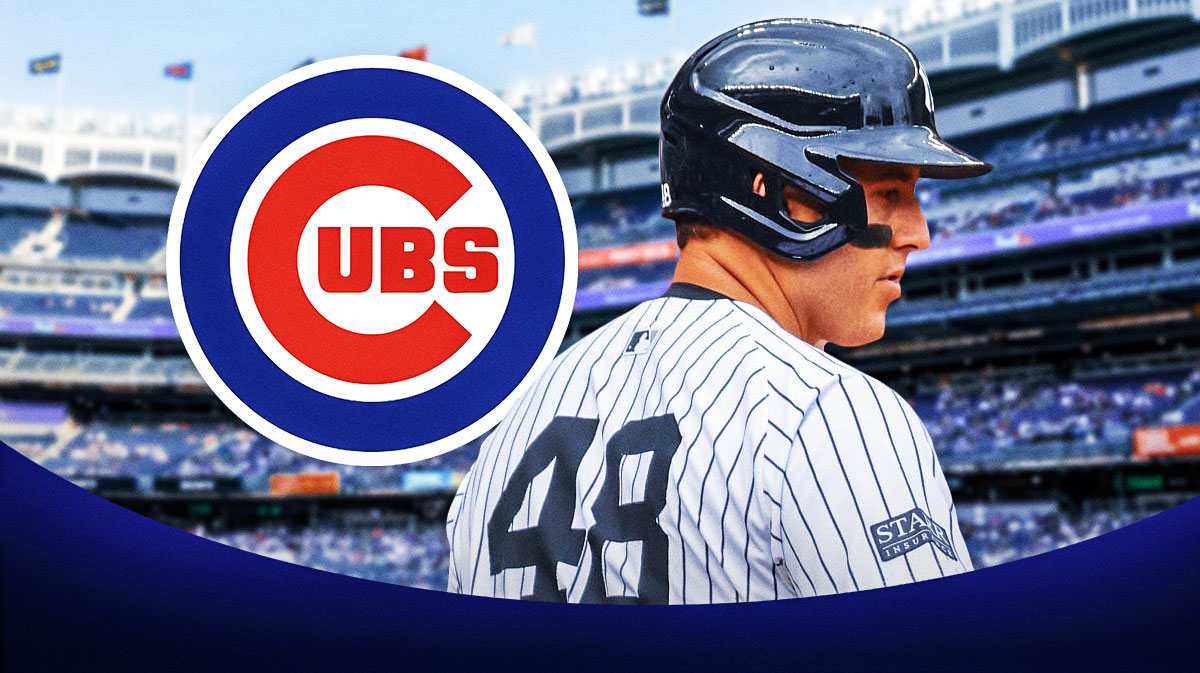 Anthony Rizzo in Yankees jersey. Cubs logo next to him. Wrigley Field behind them