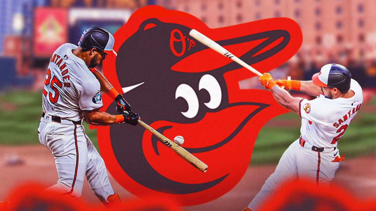 Anthony Santander (Orioles) batting as a lefty next to him batting as a righty. Orioles logo in background