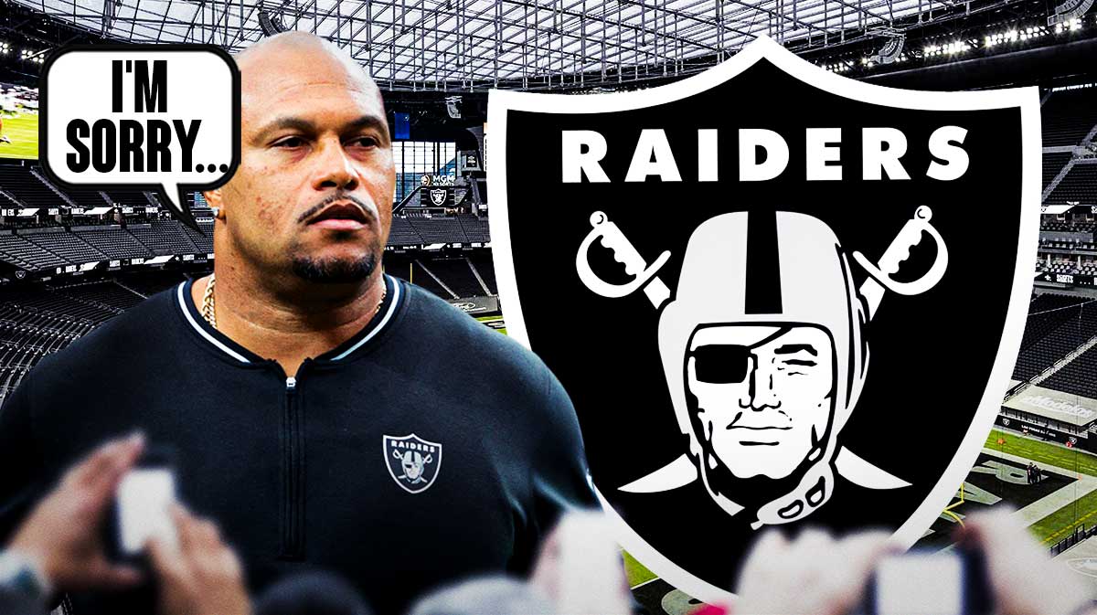 Las Vegas Raiders head coach Antonio Pierce with a speech bubble that says "I'm sorry..." There is also a logo for the Las Vegas Raiders.