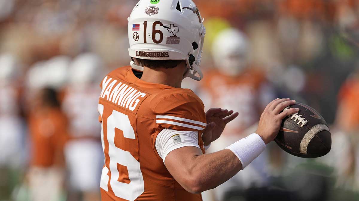 Texas Longhorns quarterback Arch Manning (16) warms up for the game against Texas-San Antonio at Texas at Darrell K Royal-Texas Memorial Stadium.