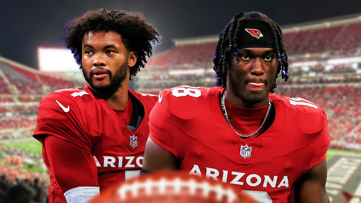 Kyler Murray and Marvin Harrison Jr. in front of the Cardinals football stadium