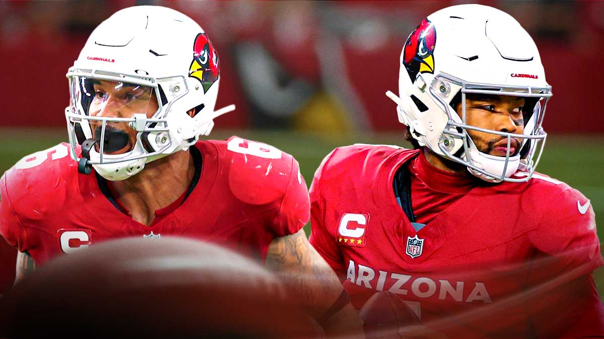 Kyler Murray and James Conner in front of the Cardinals stadium