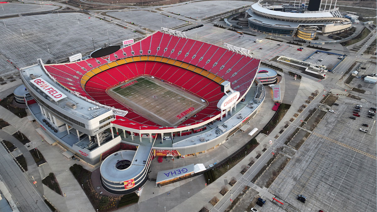 A general overall aerial view of Arrowhead Stadium (foreground) and Kauffman Stadium at the Truman Sports Complex.