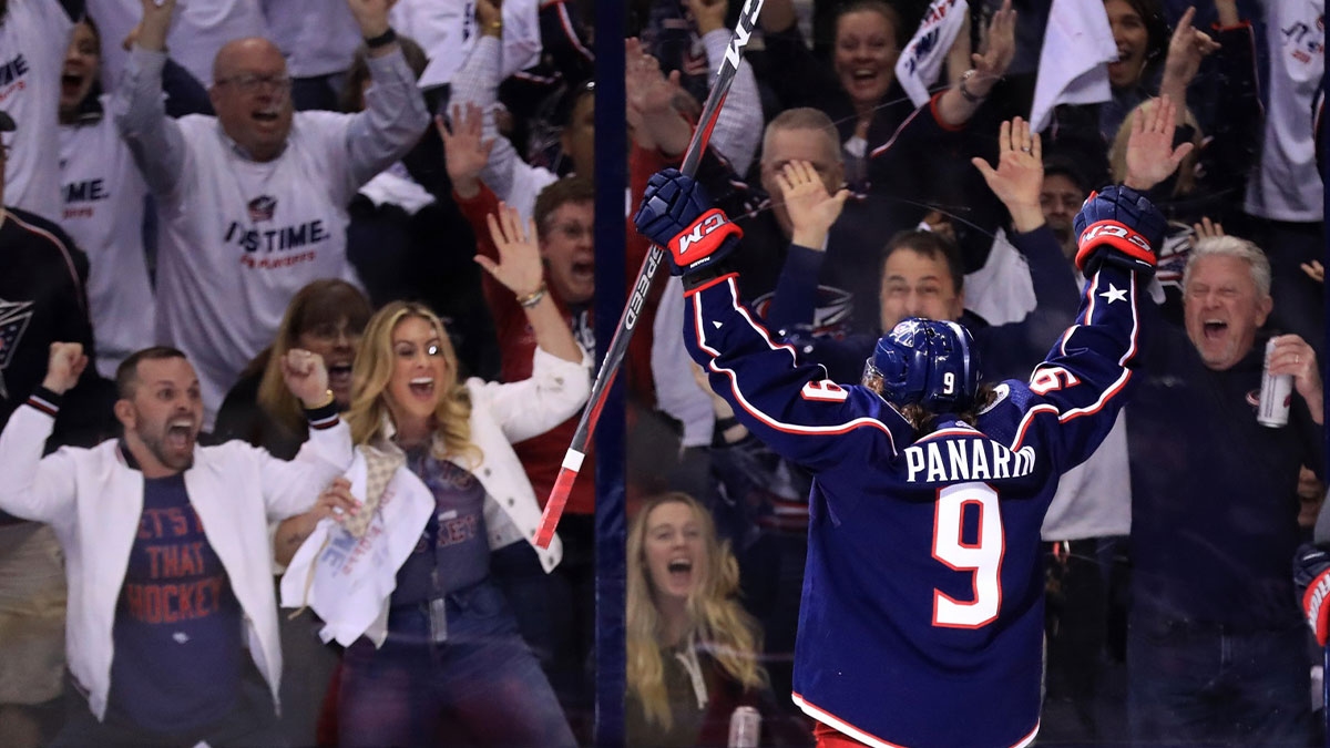 Columbus Blue Jackets left wing Artemi Panarin (9) celebrates with fans after scoring a goal against the Tampa Bay Lightning in game four of the first round of the 2019 Stanley Cup Playoffs at Nationwide Arena.