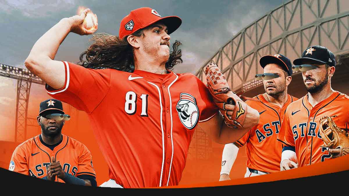Reds Rhett Lowder pitching a baseball with fire coming off the ball. Astros Jose Altuve, Astros Yordan Alvarez, Astros Alex Bregman with eyes popping out looking at Lowder.
