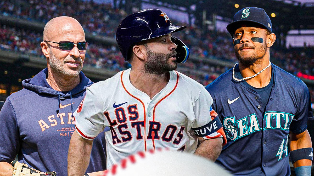 ouston Astros manager Joe Espada smiling - Astros player Jose Altuve, Seattle Mariners player Julio Rodriguez