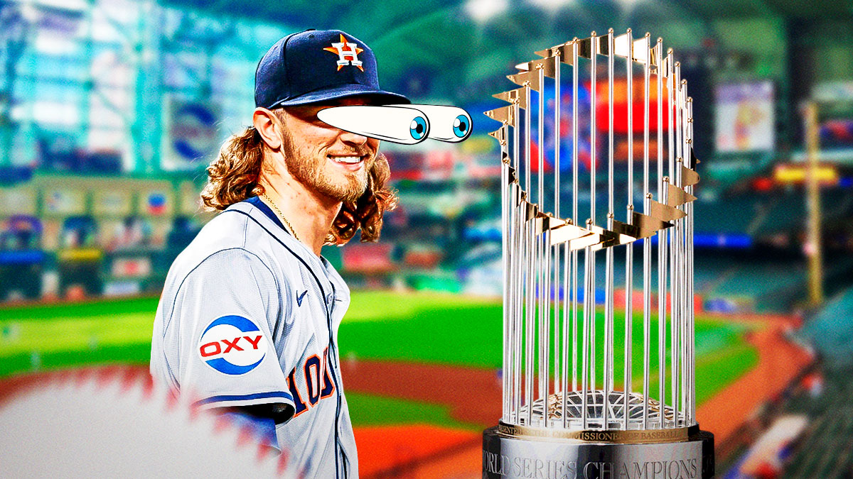 Astros Josh Hader with eyes popping out looking at the MLB World Series trophy. Minute Maid Park background.