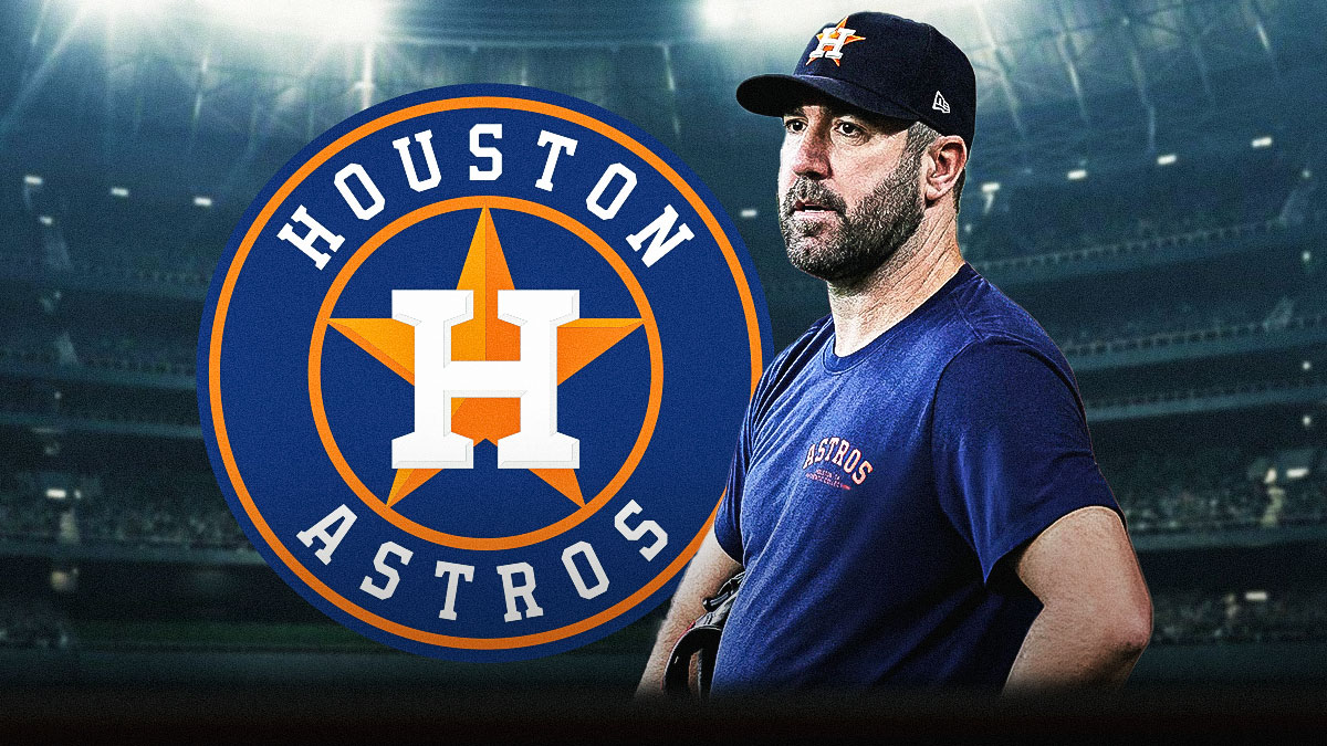 Justin Verlander (Astros) neutral/negative expression. Astros logo background and generic ballpark.