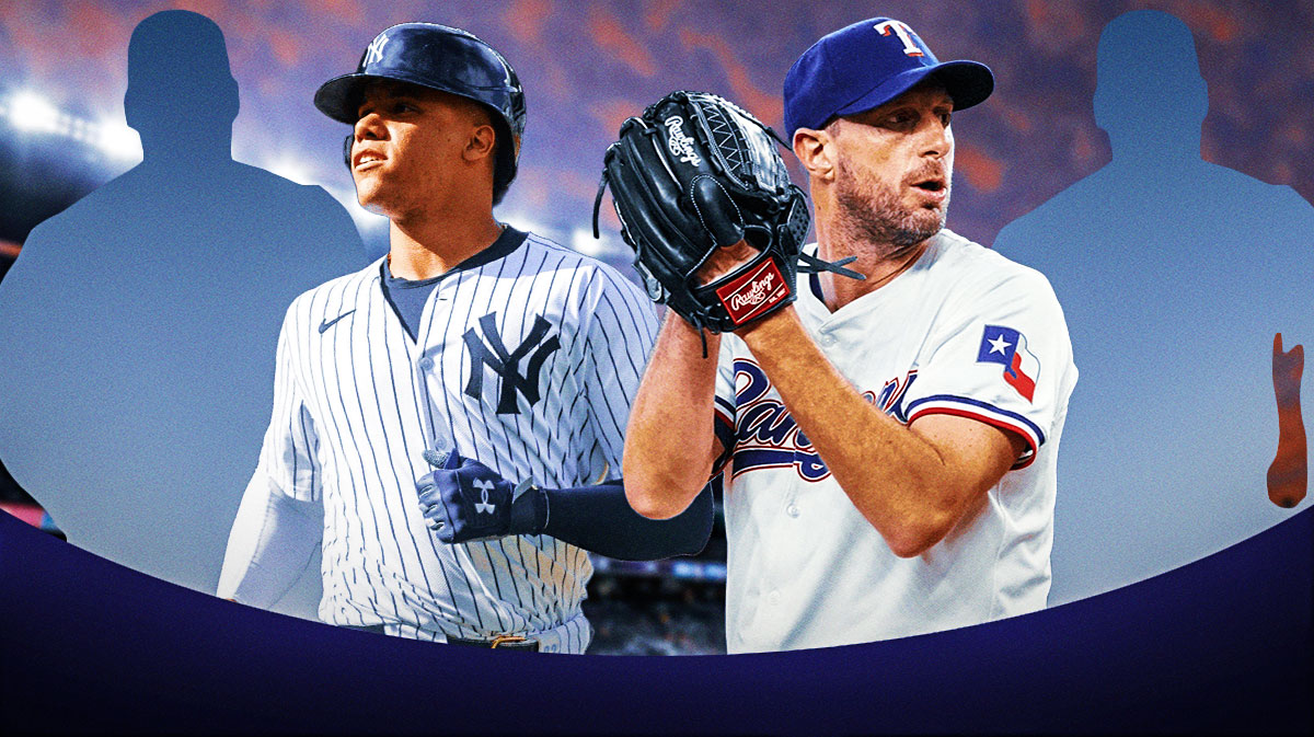 Max Scherzer an Juan Soto in A's jerseys, and two random silhouettes of MLB players.