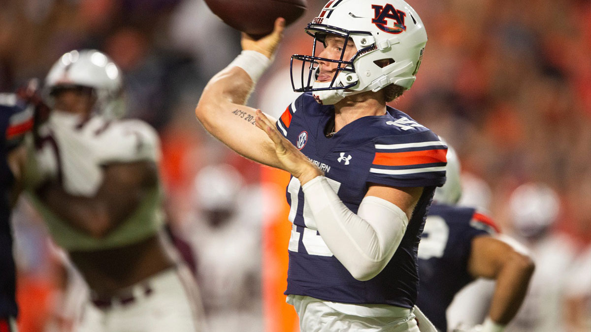 Auburn Tigers quarterback Hank Brown (15) throws the ball as Auburn Tigers takes on Alabama A&M Bulldogs at Jordan-Hare Stadium in Auburn, Ala., on Saturday, Aug. 31, 2024. Auburn Tigers defeated Alabama A&M Bulldogs 73-3.