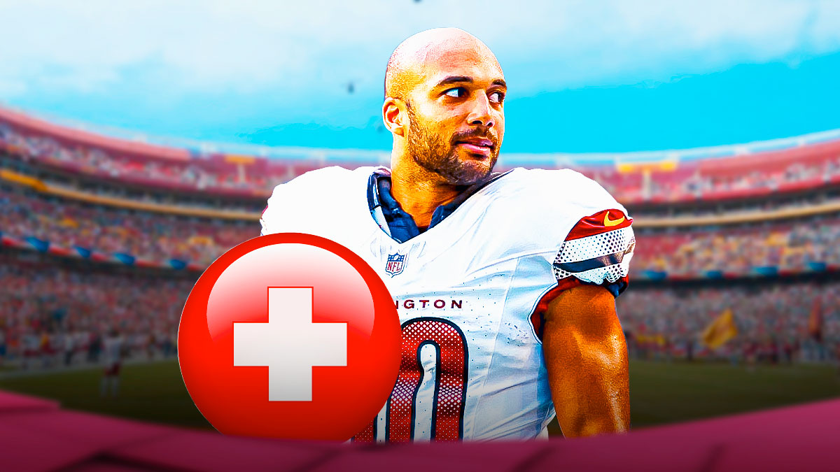 Austin Ekeler in Commanders uniform with medical Red Cross symbol next to him.
