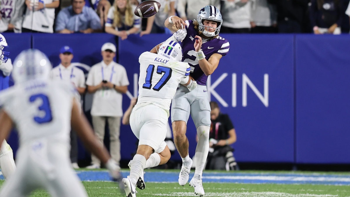 Kansas State Wildcats quarterback Avery Johnson (2) has a pass deflected by Brigham Young Cougars linebacker Jack Kelly (17) during the second quarter at LaVell Edwards Stadium.