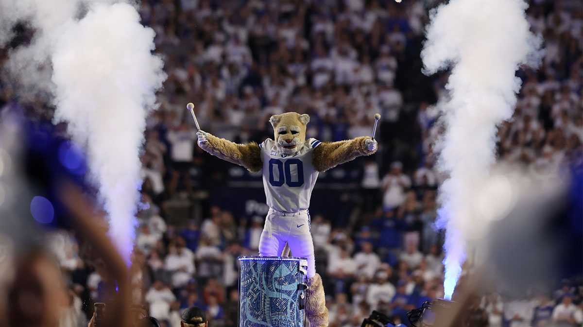 The Brigham Young Cougars mascot performs between the third and fourth quarters of the game against the Kansas State Wildcats at LaVell Edwards Stadium.