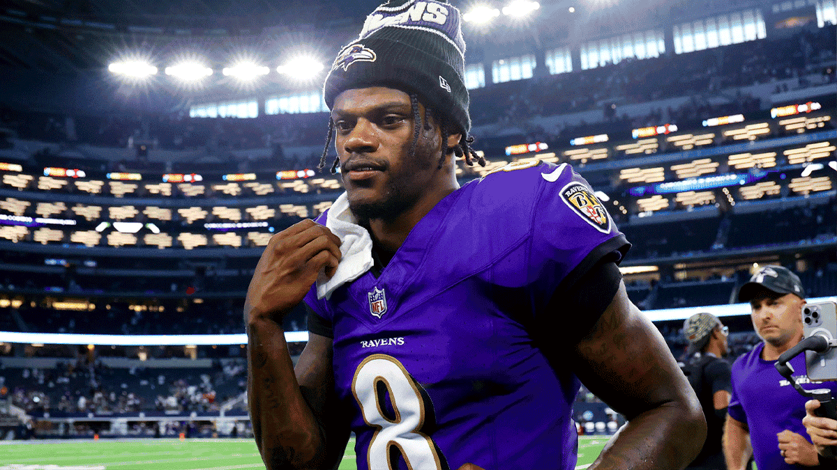 Baltimore Ravens quarterback Lamar Jackson (8) leaves the field after the game against the Dallas Cowboys at AT&T Stadium. 