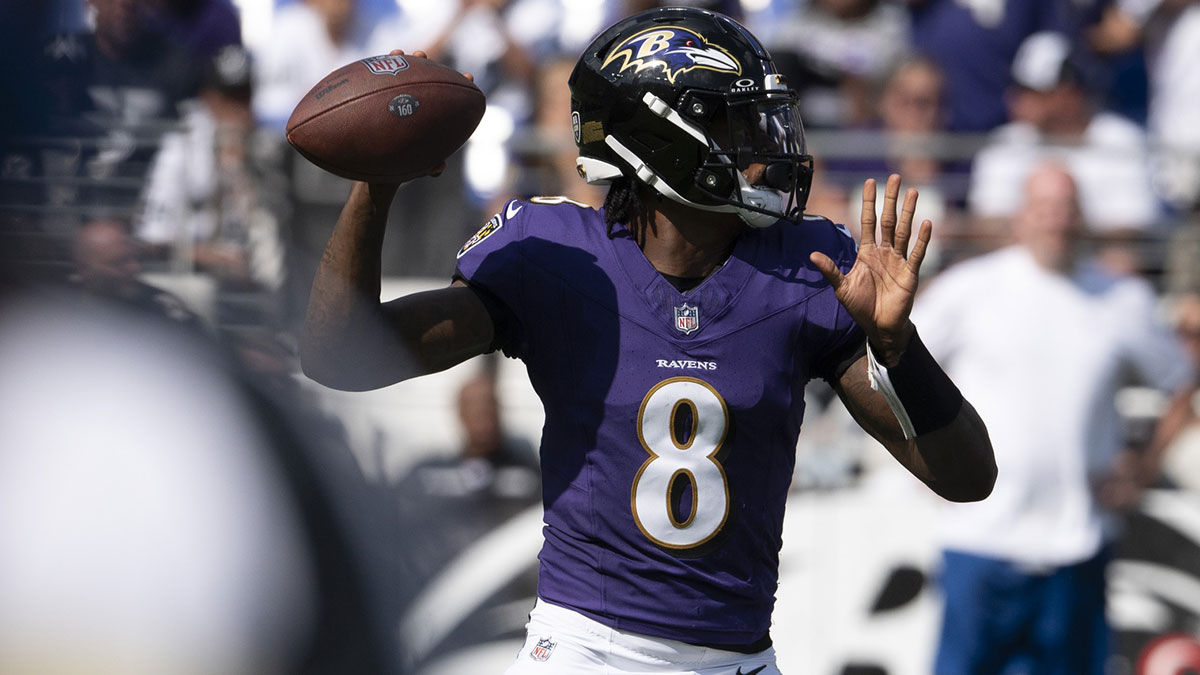 Baltimore Ravens quarterback Lamar Jackson (8) throws from the pocket during the second half against the Las Vegas Raiders at M&T Bank Stadium. 