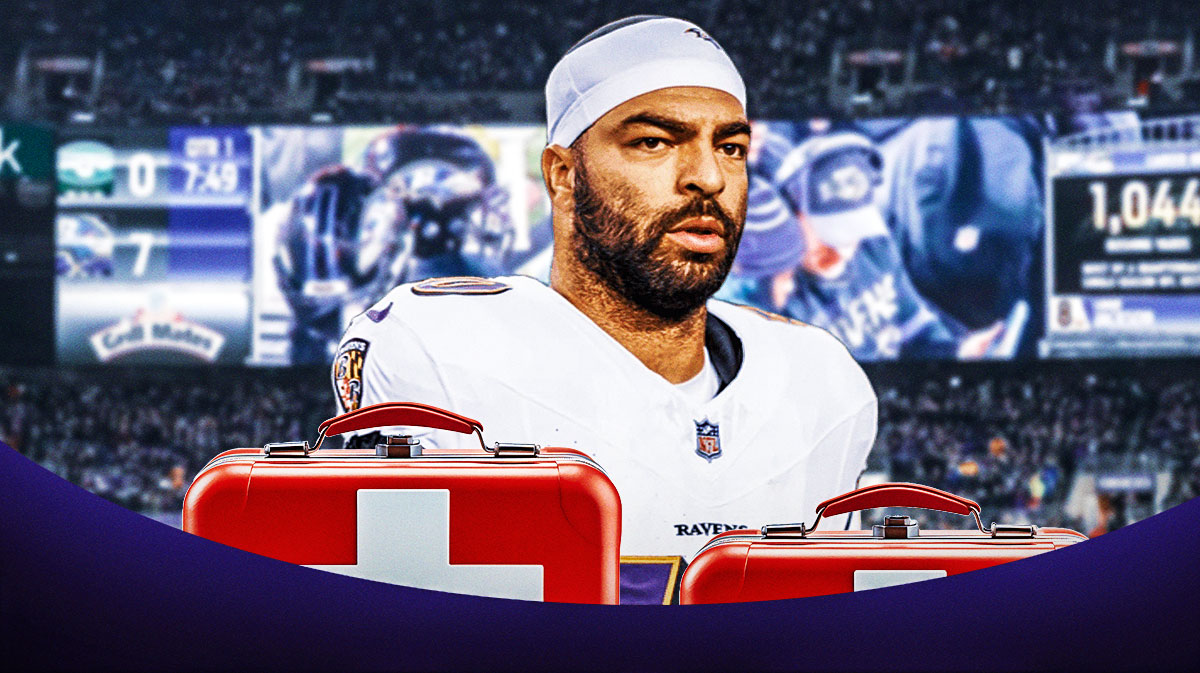 Kyle Van Noy in a Ravens jersey with a first-aid kit.