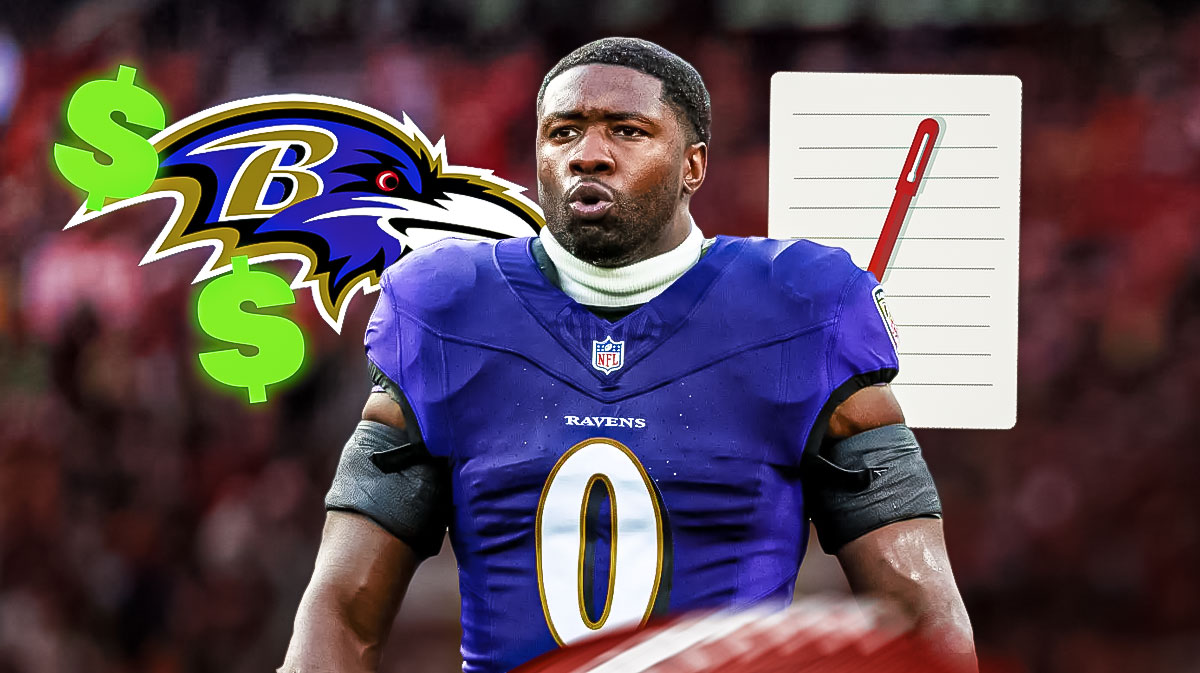 Ravens linebacker Roquan Smith with paper 📜 pen ✒️ and dollar sign emojis 💲next to a Ravens logo